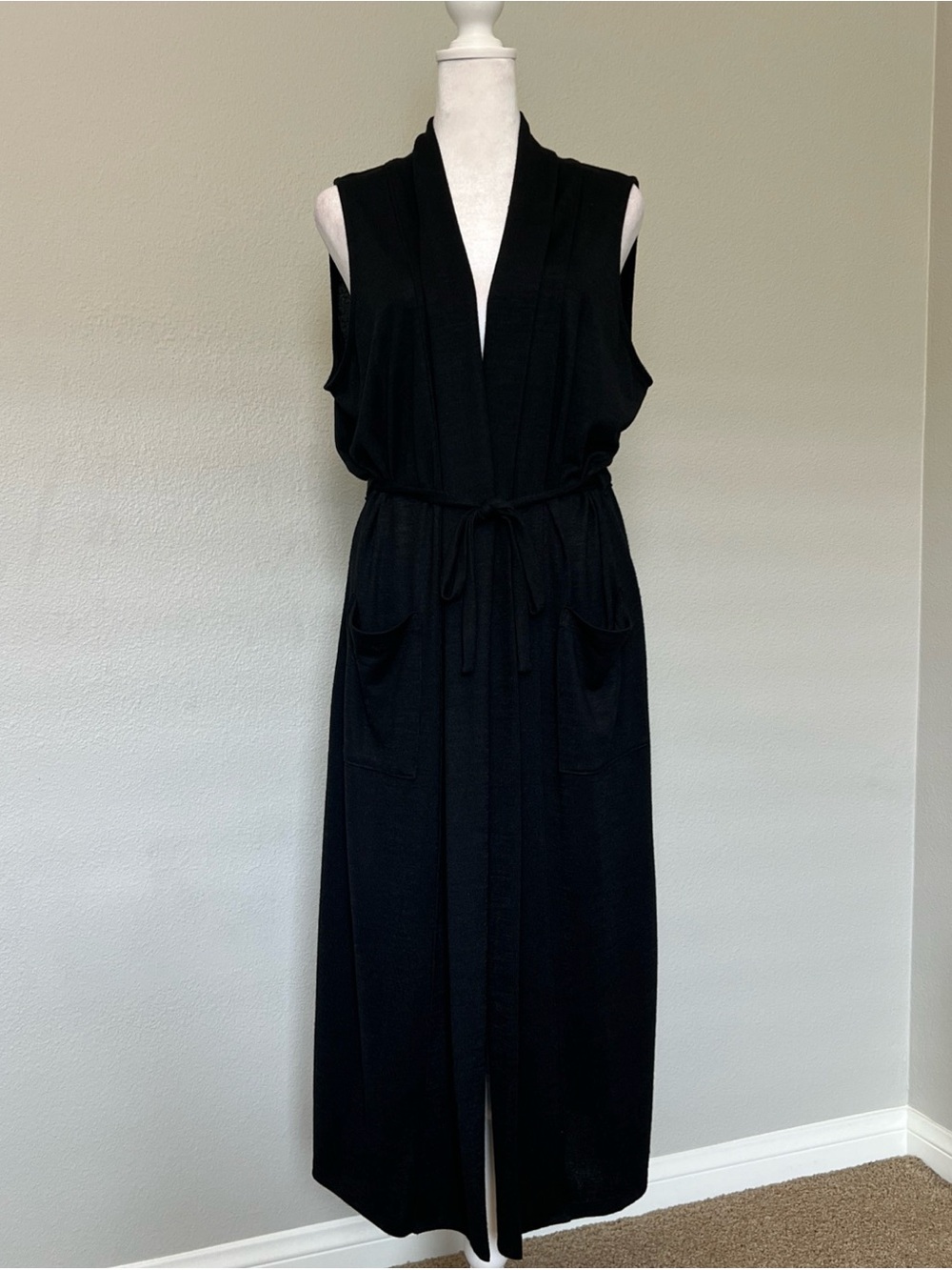 Banana Republic Black Sleeveless Duster Cardigan with Tie Belt and Pockets Small